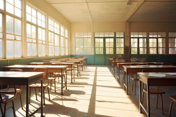 Empty, classrooms with sunshine, coming through windows - obrazy, fototapety, plakaty