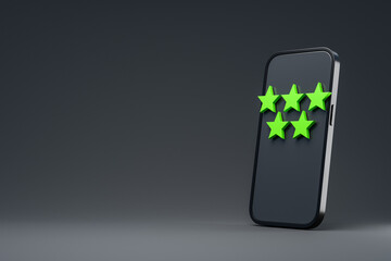 Gray smartphone with rating stars on a gray background copy space. 3d rendering.