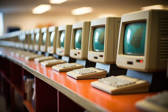 Row of old computers in classroom