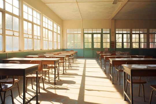 Empty, classrooms with sunshine, coming through windows