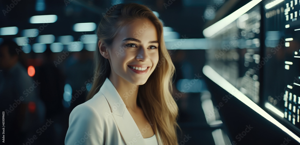Poster it professional admin woman working in a large computer server farm.