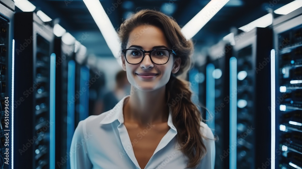 Poster female it engineer working in data center, digital world.