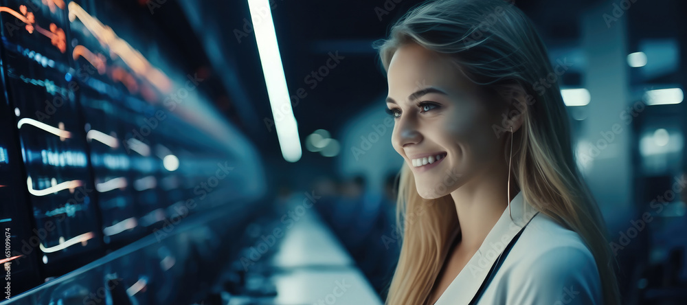 Aufkleber Woman technician running diagnostics on computer servers in a server farm, IT Professional Admin in Data Center.