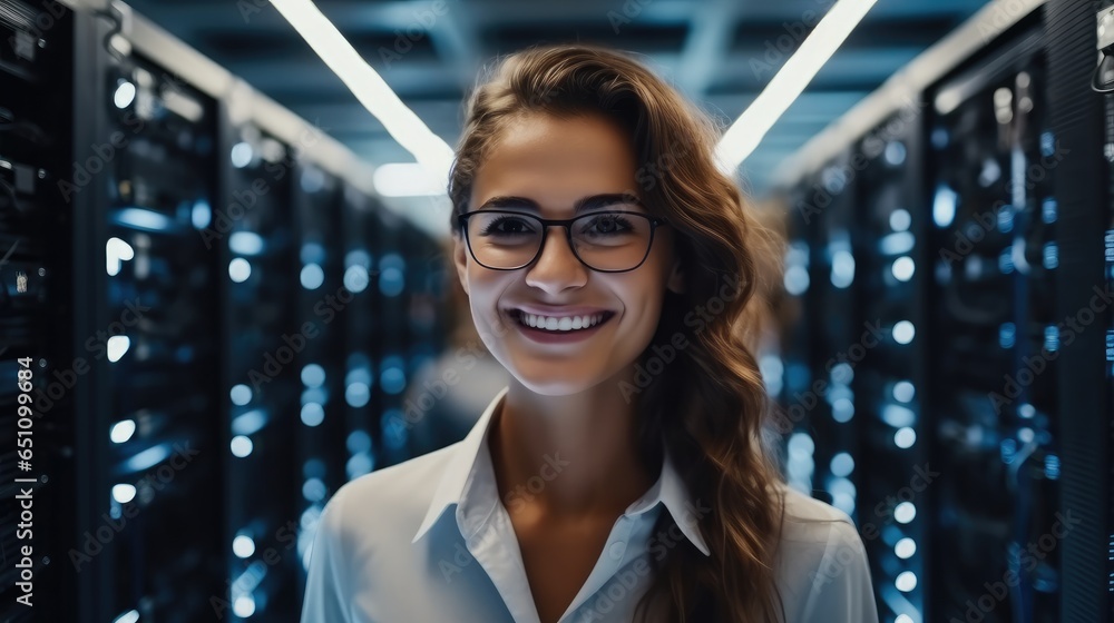 Poster female it engineer working in data center, digital world.