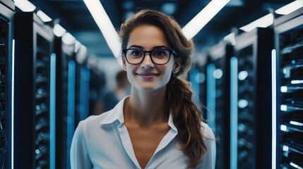 Female IT engineer working in data center, Digital world.