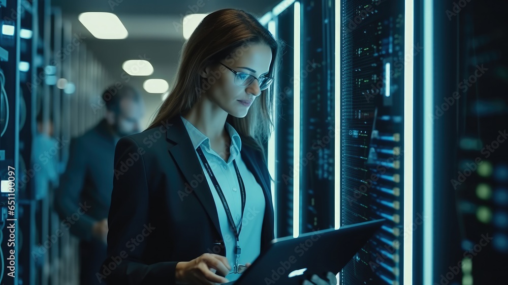 Poster female it engineer working in data center, digital world.
