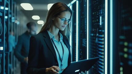 Female IT engineer working in data center, Digital world.