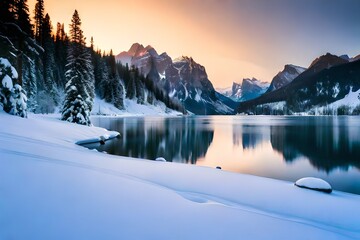 a serene winter landscape with a frozen lake and snow-covered mountains