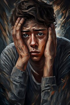 Digital painting of a young boy worried and depressed on the verge of tears.