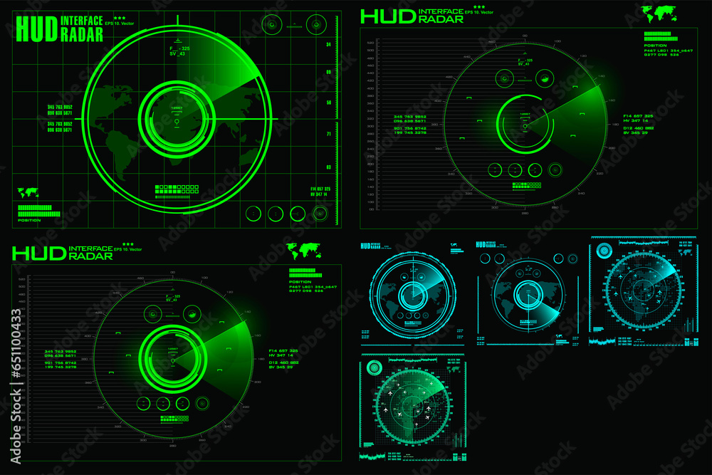 Poster collection of radars or interferences. interface for geolocation device and identification objects o