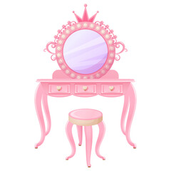 Vector makeup table and chair for barbie or princess home. An element of furniture for barbie's room. Cartoon illustration isolated on a white background.