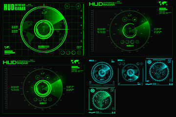 Collection of radars or interferences. Interface for geolocation device and identification objects on the map. Digital targets or HUD sights. Green radar screen on black background