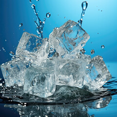Azure natural ice cubes melting with water splashes on light blue background 