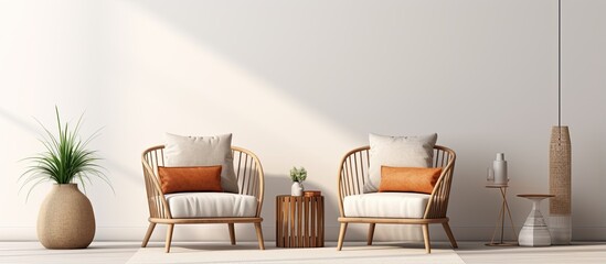 Scandinavian style illustration of a modern interior with wooden rattan armchairs trendy carpet and stylish home accessories on a beige wall background