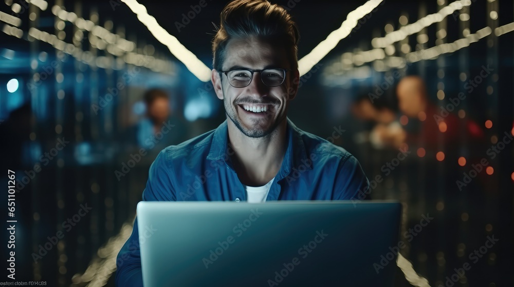 Poster technician man using a laptop diagnostics or doing maintenance in a data centre, it engineers workin