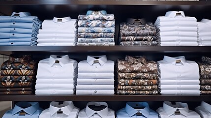 Fashion clothes, Men shirts displayed on shelves in shop at shopping mall.