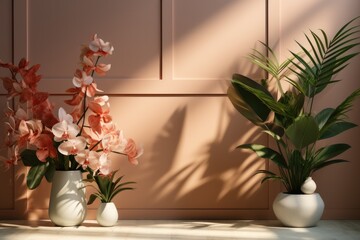 Botanical background with shadow on the wall, Card, Postcard, Exhibition Podium.