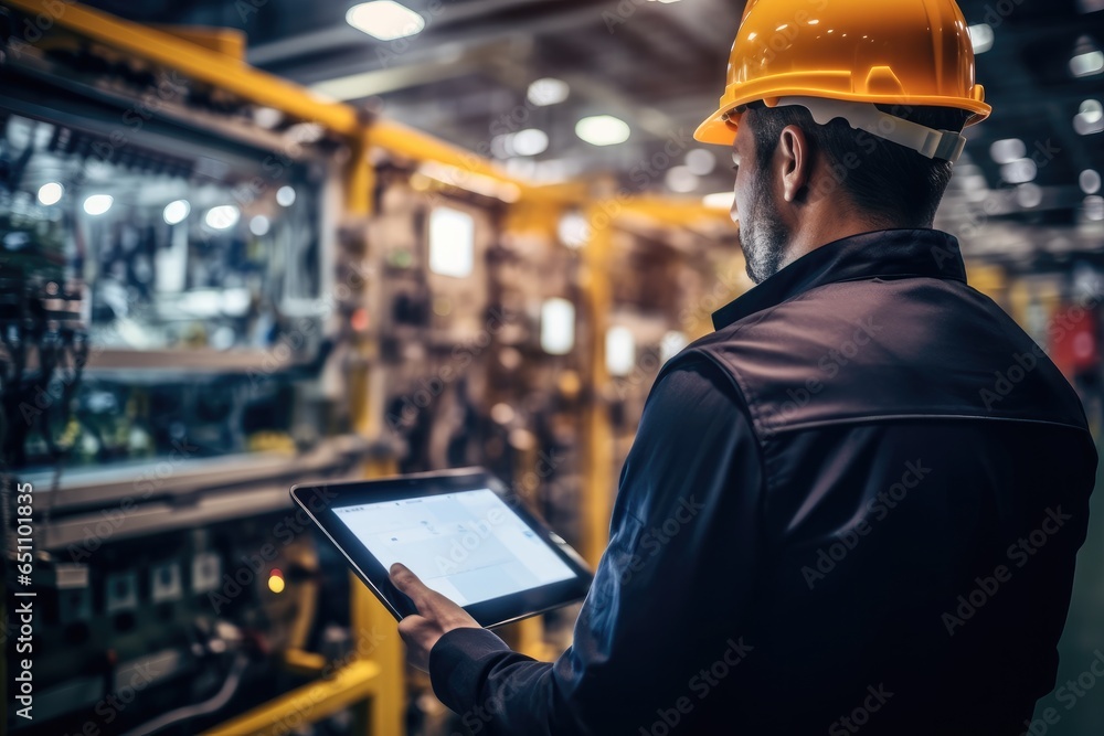 Poster engineer using digital tablet checking on monitoring system software at smart factory automotive ind