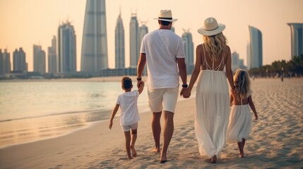 Enjoying holiday together, Family parents with their children walking on the beach in the vacation.