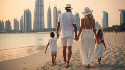 Crédence de cuisine en verre imprimé Dubai Enjoying holiday together, Family parents with their children walking on the beach in the vacation.