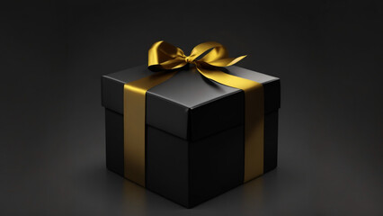 Black gift box with gold satin ribbon on black background. 3d render
