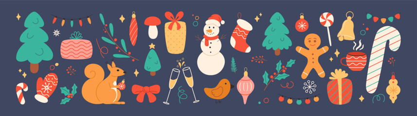 Big set of decorative holiday elements. Vector illustration with Christmas and New Year symbols and elements for decoration holiday wrappers, tissue, banners, posters, flyers, card and social media.