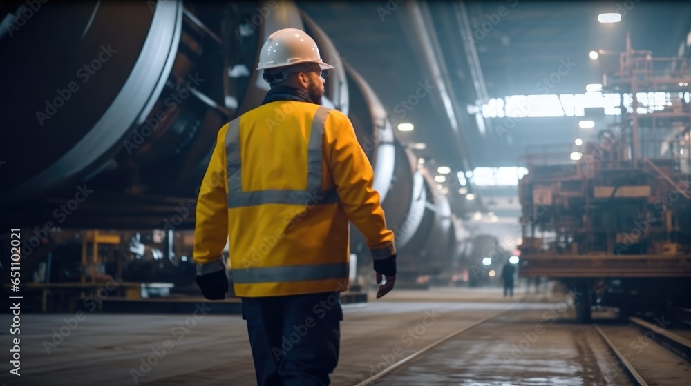 Aufkleber Industrial Engineer while walking through in heavy industry manufacturing factory with various metalworking processes.