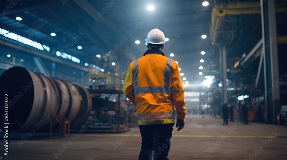 Poster industrial engineer while walking through in heavy industry manufacturing factory with various metal