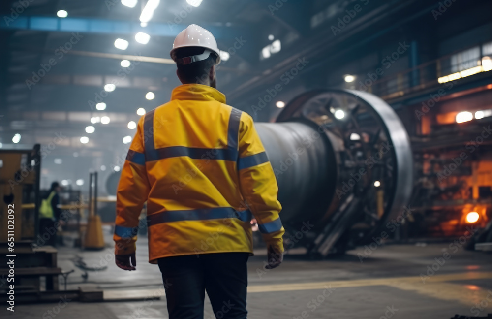 Poster industrial engineer while walking through in heavy industry manufacturing factory with various metal