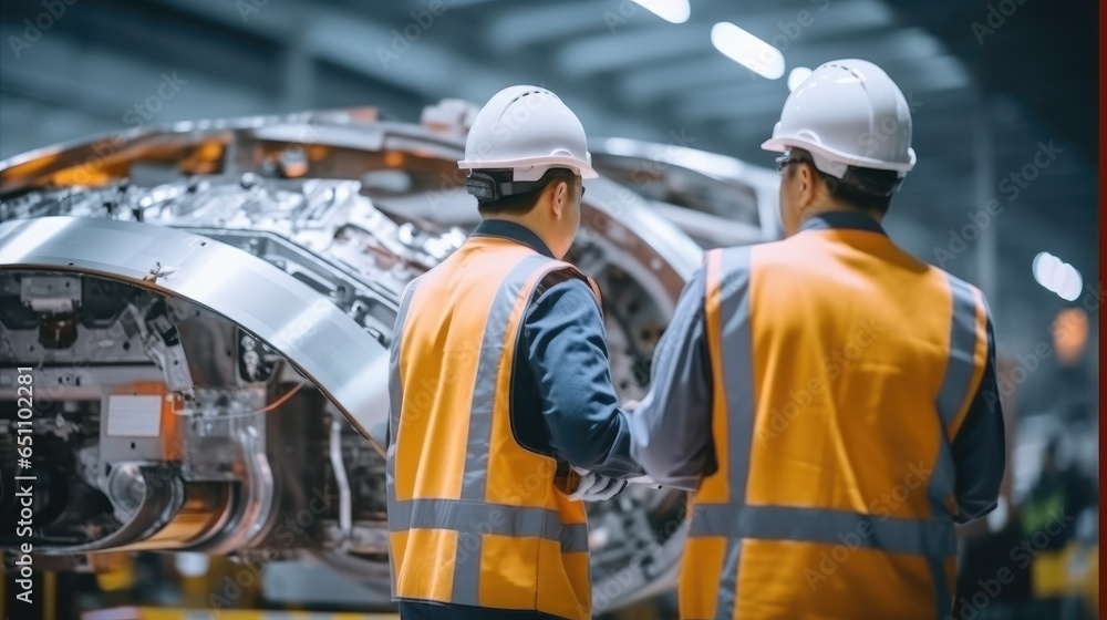 Poster two heavy industry engineers using digital tablet checking in pipe manufacturing factory, constructi