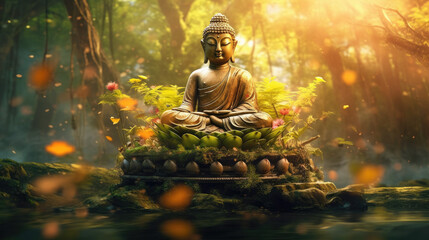 statue of buddha in the garden zen spiritual - by generative ai
