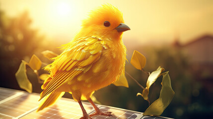 yellow bird on solar panel - by generative ai