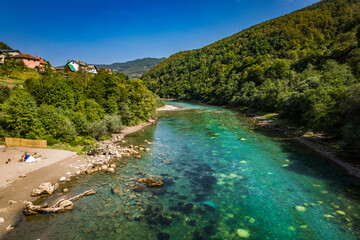 Aerial drone view of valley of the Drina river in Bosnia and Herzegovina in sunny weather. 