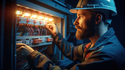 Electrician man installing a electric switchboard system.