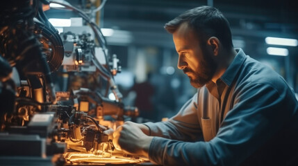 Technician calibrating an industrial robot arm at factory.