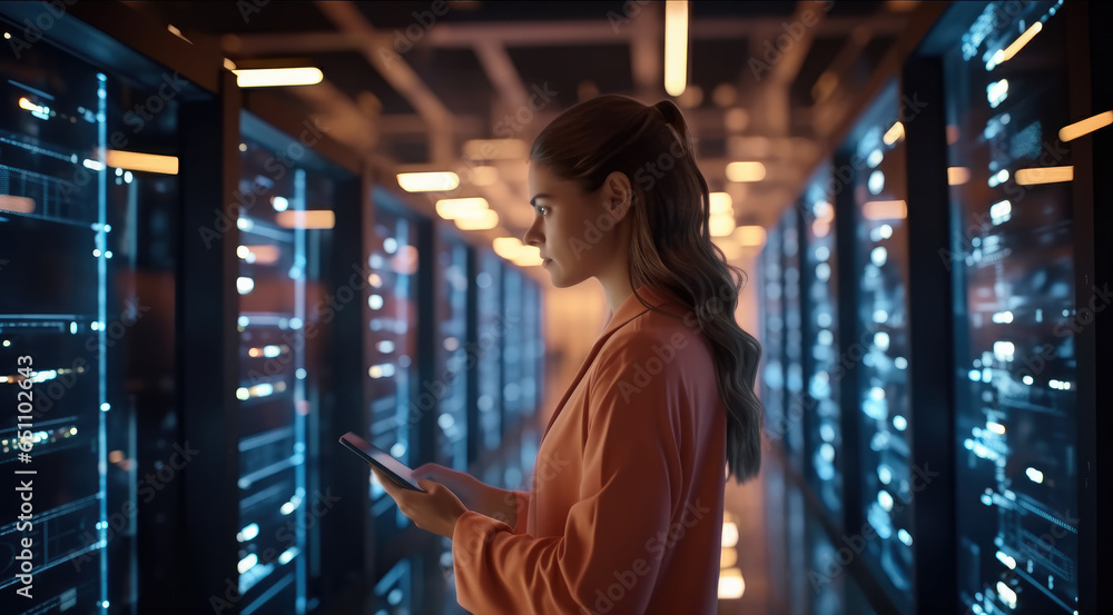Poster it engineer female checking servers in big data center.