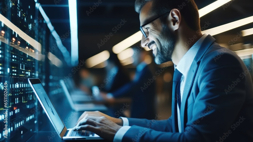 Aufkleber it engineer man working on laptop in server room or data center,
