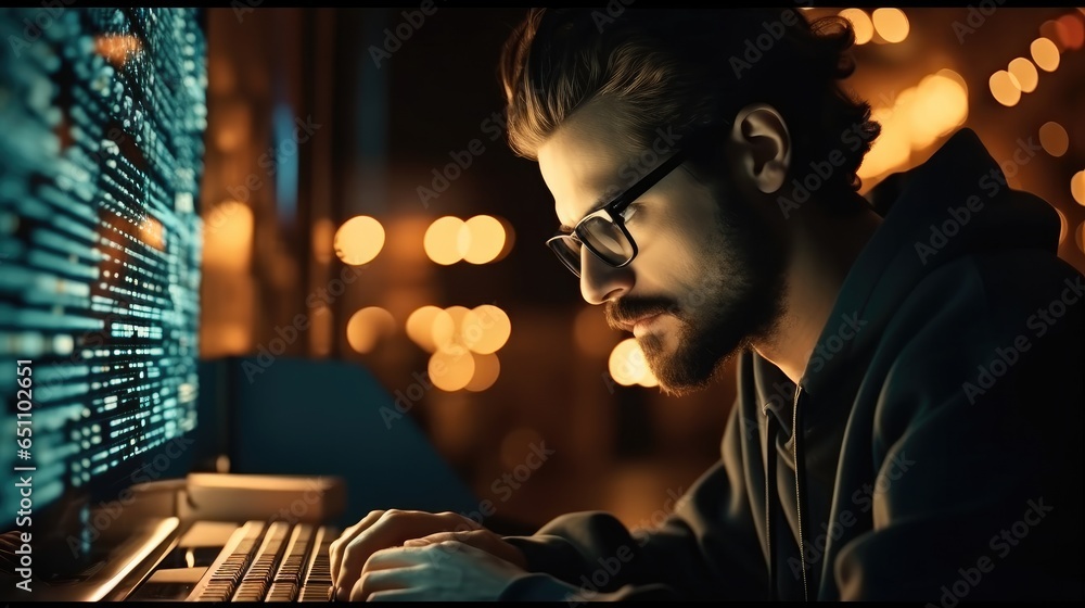 Poster it engineer man computer administrator working in server room, digital world.