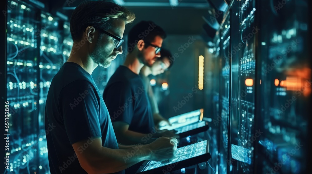 Poster it engineers checking servers in server room or data center.