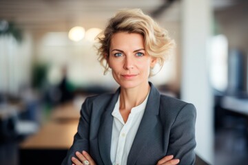  businesswoman in office standing with arms crossed,