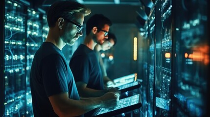 IT engineers checking servers in server room or data center.