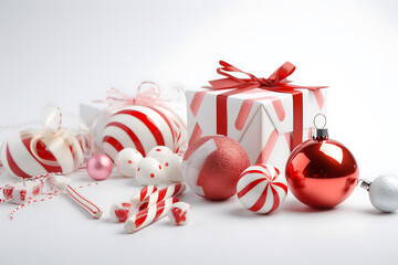 Christmas gifts and candy on a white background