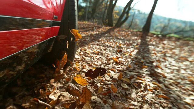 Super Slow Motion of Car Running in Autumn Leaves. Filmed on High Speed Cinema Camera, 1000 fps. Cinematic Low Angle Dramatic Shot.