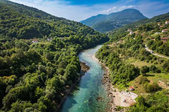 Aerial drone view of valley of the Drina river in Bosnia and Herzegovina in sunny weather. 