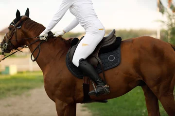 Foto auf Acrylglas Woman rider jockey in helmet and white uniform preparing horse racing © primipil