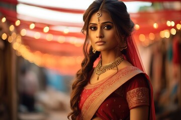 Young Beautiful Indian bride wearing red traditional saree.
