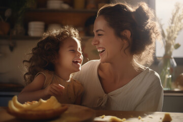 Together in the Kitchen: Heartwarming Close-up of a Mother and Child Sharing Laughter While Baking. Family Bonding at its Best.