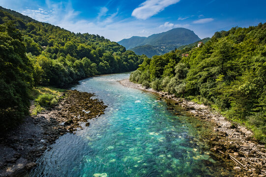 Aerial drone view of valley of the Drina river in Bosnia and Herzegovina in sunny weather. 
