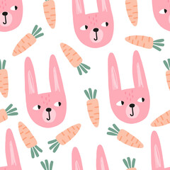 cute hand drawn pink bunny face with orange carrots background, kids seamless pattern for fabric and wrapping paper print
