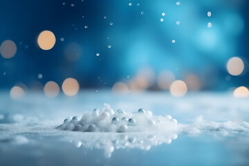 Naklejka premium Festive Christmas natural snowy background, abstract empty stage, snow, snowdrift and defocused Christmas lights on light blue background, copy space